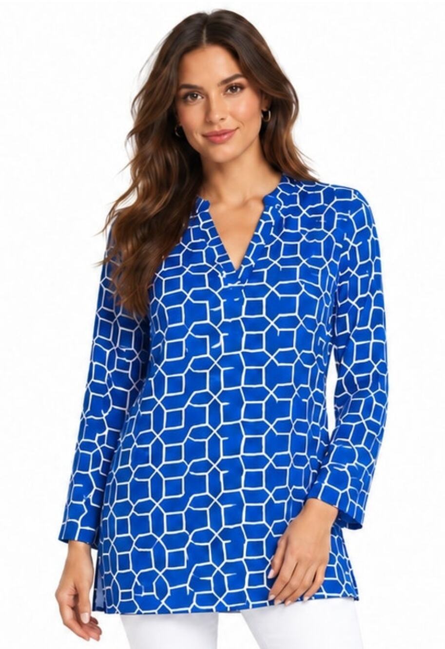 Amanda Uprichard Royal Blue Geometric Silk Tunic Blouse EUC Size Small